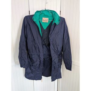 Woolrich Vintage Rain Jacket Womens M Navy Hooded Windbreaker Outdoor